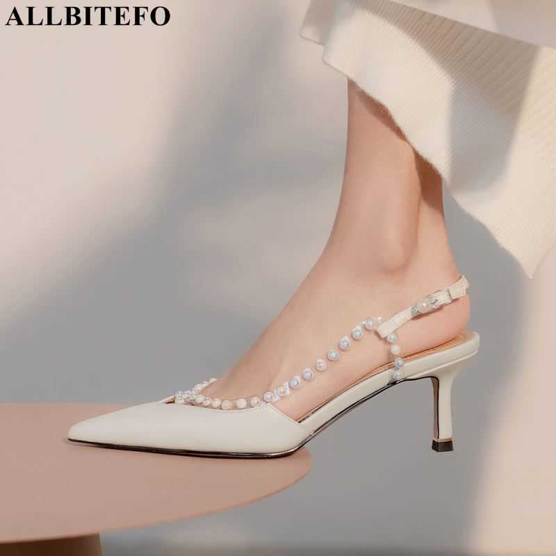 

ALLBITEFO sweet Pearl genuine leather sexy high heels wedding women shoes high heel shoes summer women sandals des sandales 210611, As picture