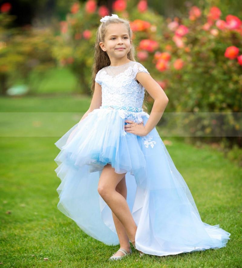 

Girl's Dresses Hi Low Sky Blue Lace Tulle Flower Girl Dress Floor Length Children Wedding Party Gown Princess Birthday Prom