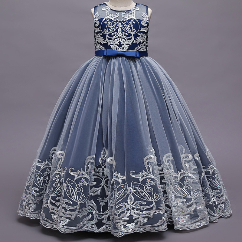 Lovely Tulle Royal Blue Flower Girl Dresses for Weddings High Neck Sleeves Sweep Train 3D Floral Applique Communion Dress Girls Pageant Gowns-image-724282174