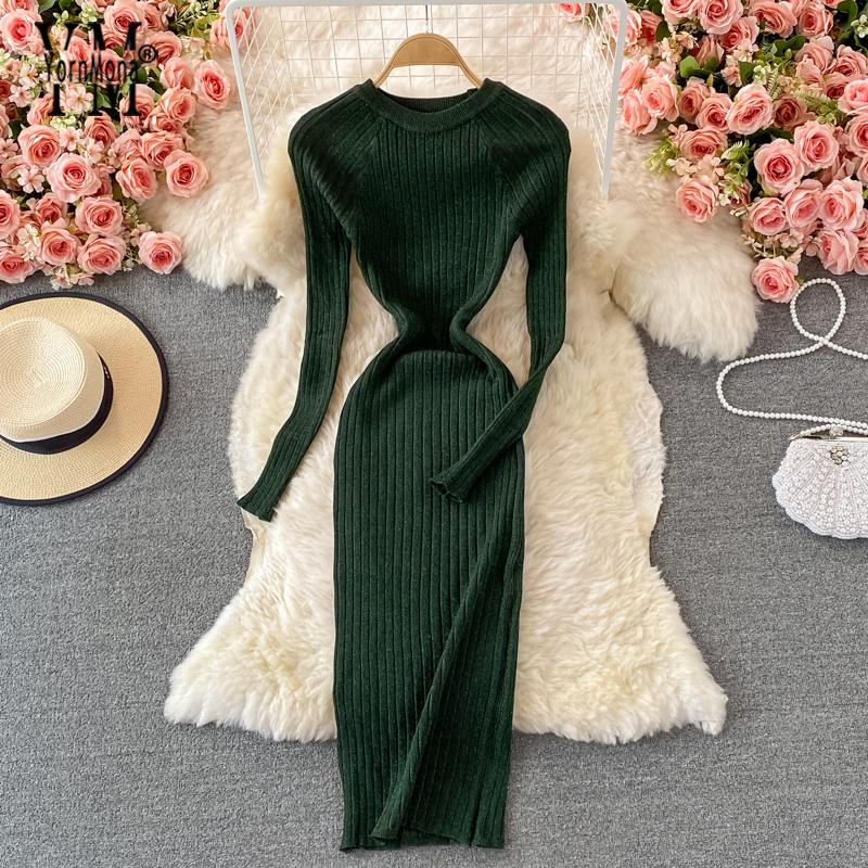 

Casual Dresses YornMona Women Slim Elastic Shining Knitted Dress Long Sleeve O-neck Warm Sheath Winter Sexy Bodycon Vestidos, Black;gray