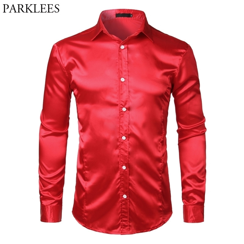 

Men' Slim Fit Silk Satin Dress Shirts Wedding Groom Stage Prom Shirt Men Long Sleeve Button Down Shirt Male Chemise Homme Red 210410