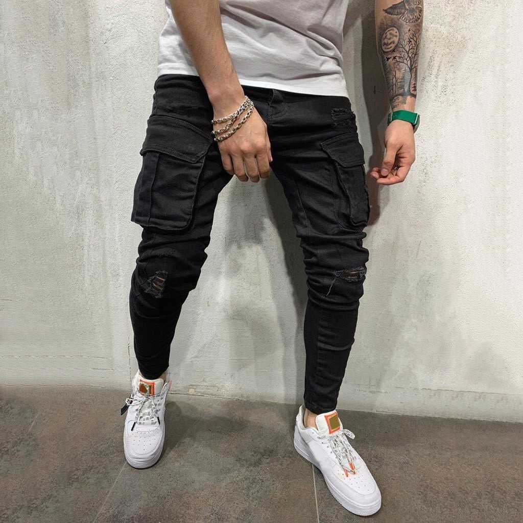 

Womail Fashion solid Denim Pants pockets pants with strap casual men clothing 2020 Distressed men streetwear mens Jeans Trouser X0621, Black