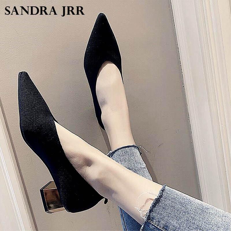 

Dress Shoes SANDRA JRR Women Cozy Breathable Spring Summer Heels Sexy V Mouth Slip On Med Gold Heel Knit Fabric Stretchy Pumps, Beige