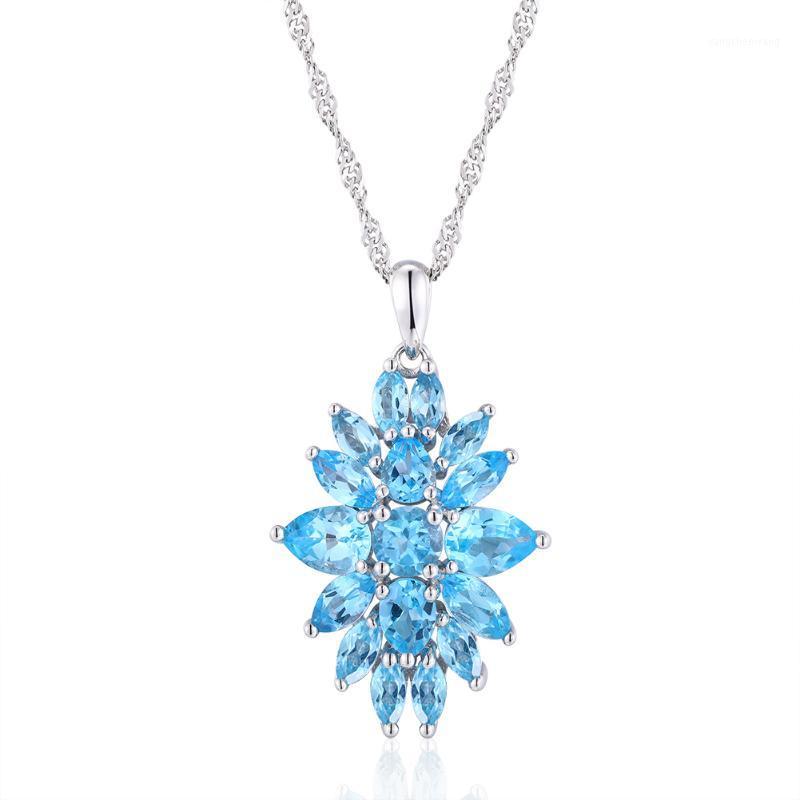 

Fashion Natural Blue Topaz Gem Flower Chain Pendant 925 Sterling Silver Jewelry Necklace Chains