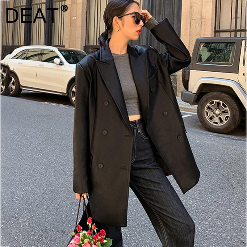 

Women's Leather & Faux DEAT 2021 Autumn And Winter Loose Versatile Fashion Turn-down Collar Black Thin PU Jacket 7I3404