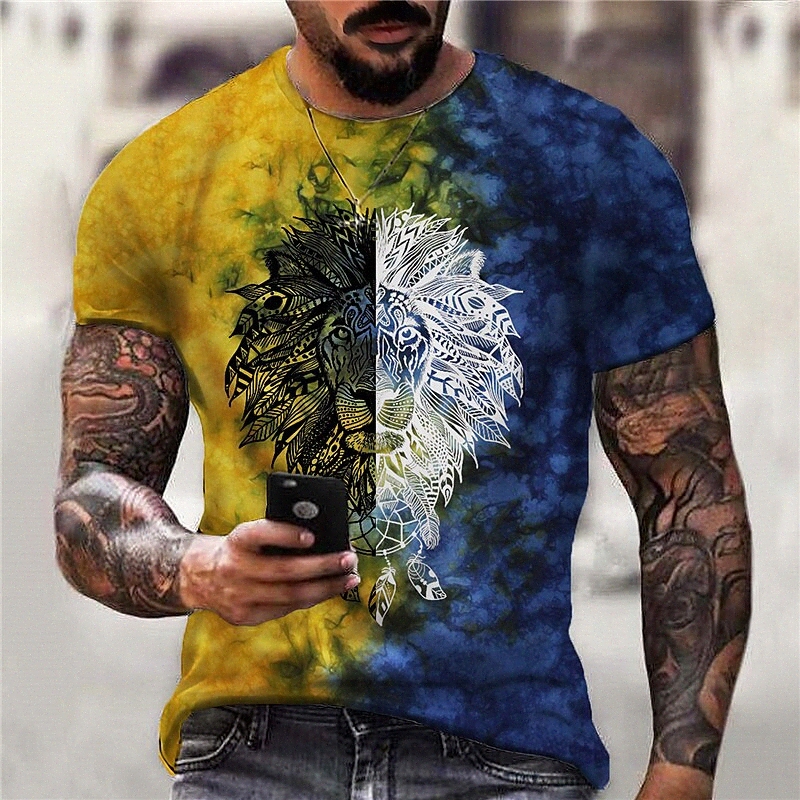 Men's T shirt 3D Print Graphic Tie Dye Lion Crew Neck Daily Sports Print Short Sleeve Tops Casual Classic Designer Big and Tall Yellow g98u#