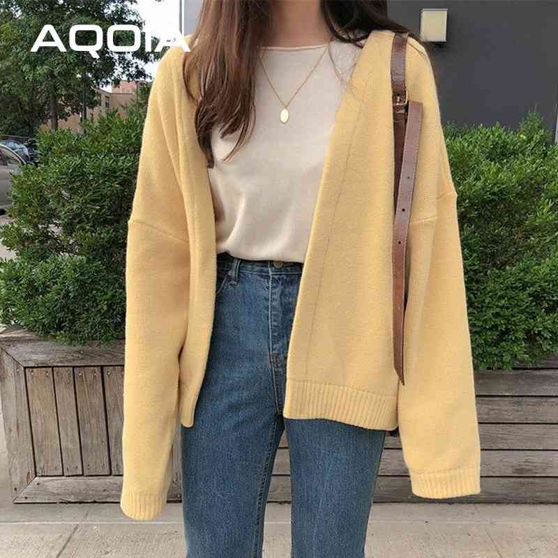 

Autumn winter Korean style Solid Color Women Knitted Sweaters INS Fashion Cardigans Long Sleeve Loose Female Sweater Coat 210521, White t shirt
