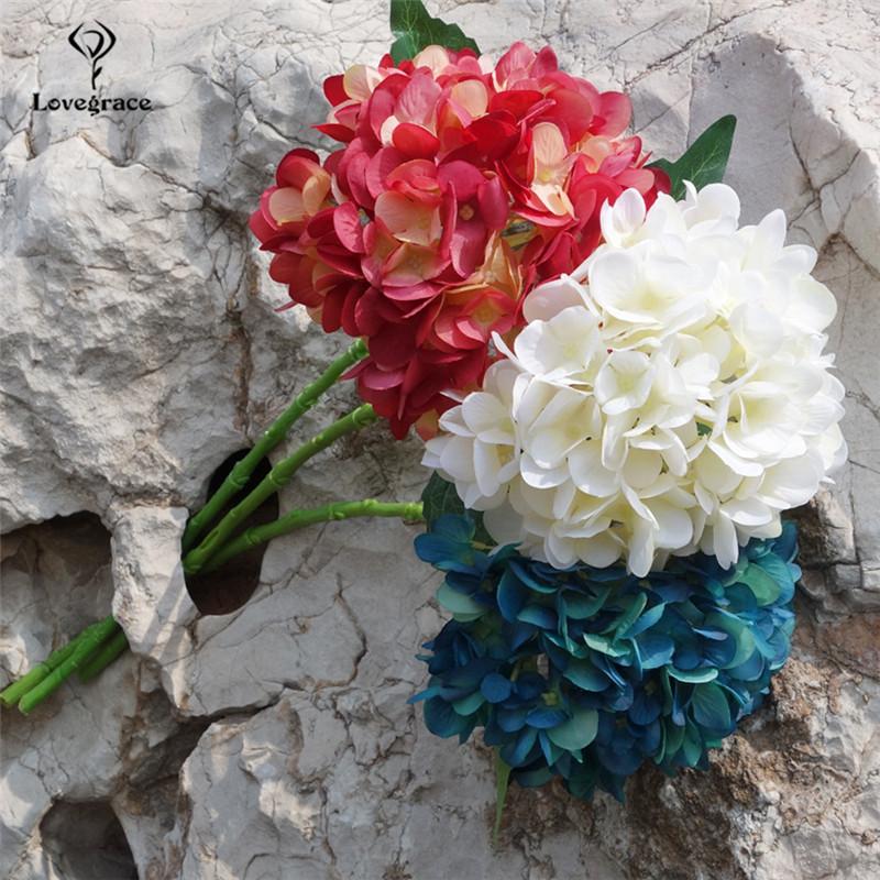 

Wedding Flowers Big Head Artificial Hydrangea Branch Silk Fake Flower With Leaves For DIY Shop Home Garden Decoration Faux Flore