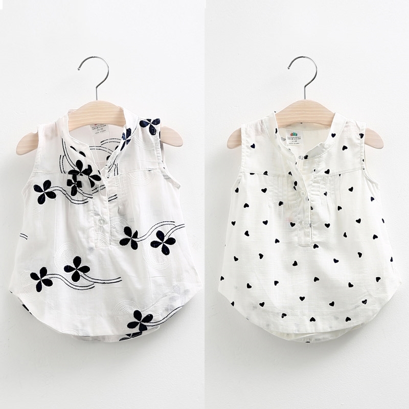 

Summer Children'S Clothing White Flower Sweet Baby Kids Girl Sleeveless Mandarin Collar Computer Printing Blouse Shirt 210701, Blue