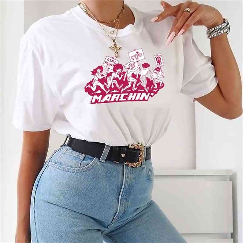 

Marchin Graphic Tee Girl Power Kawaii Cute Aesthetics Female Tee Cotton 90s Fashion Casual Funny Women T-Shirt 210518, White