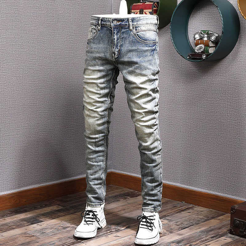 

Italian Style Fashion Men Jeans High Quality Retro Blue Elastic Slim Fit Ripped Vintage Designer Casual Denim Pants