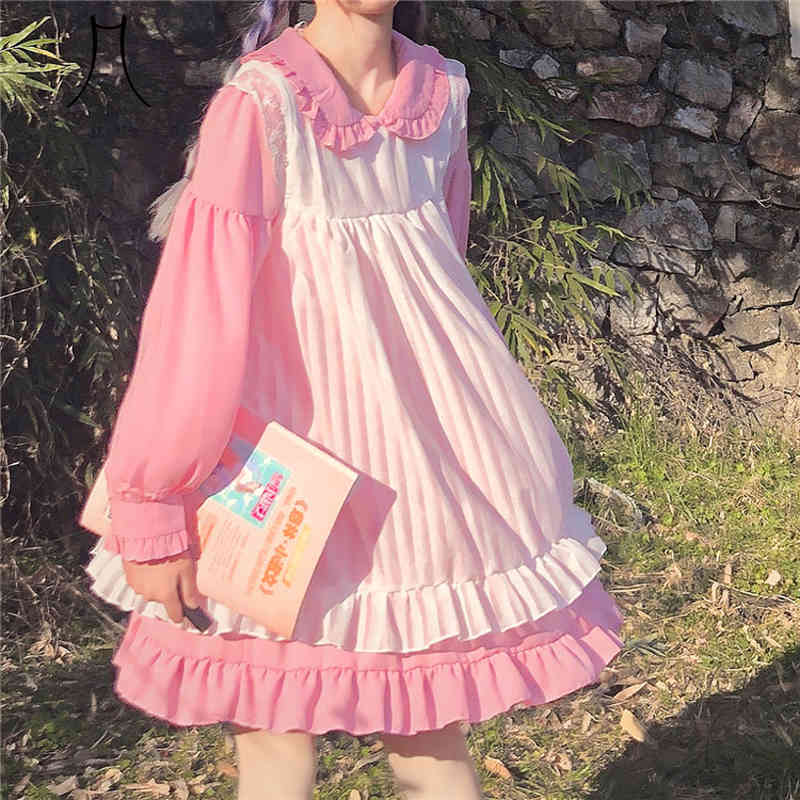 

Japanese Sweet Pink Lolita Op Dress Gothic Soft Girl Cute Vintage Ruffle Maid Cosplay Black Women Kawaii Two-Piece es 210517