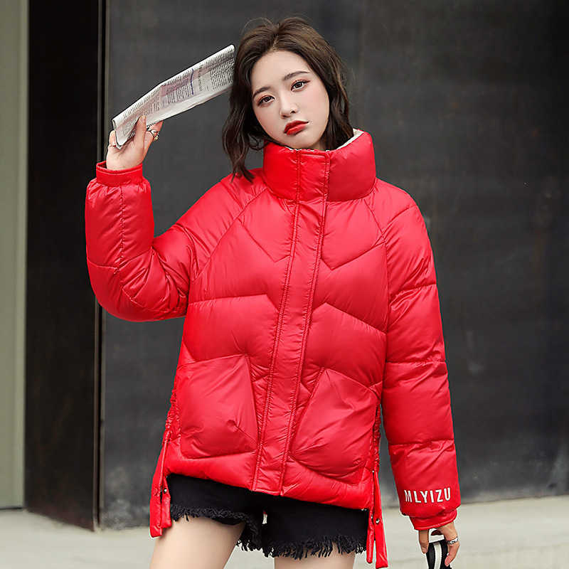 

LY VAREY LIN Winter Short Cotton Coats Women Korean Style Stand Up Collar Bubble Jackets Casual Letter Printing 210526, Red