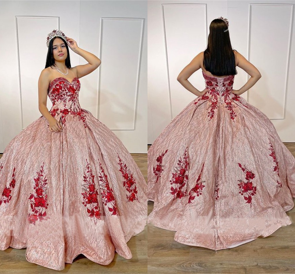 

Glitter Sequins Tulle Rose Pink Prom Quinceanera Dresses Red Floral Applique Beading Strapless Corset Back Princess Sweet 16 Dress Communion Party, Dark navy