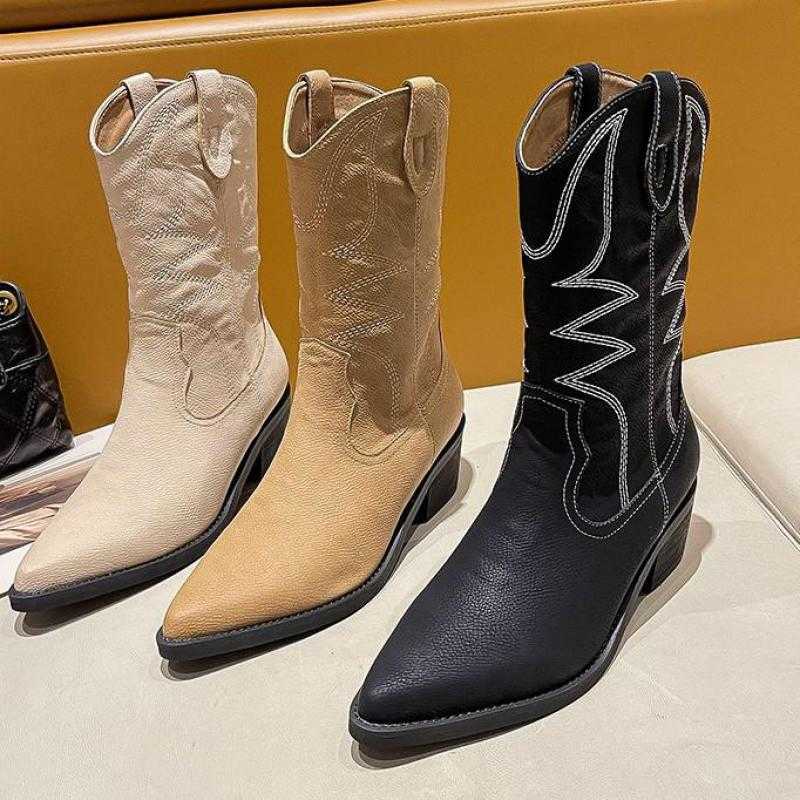

Women Boots 2022 New Fashion Winter Embroider Retro Knight Female Botas Mujer Western Ytmtloy Mid Calf Slip On Botines De Mujer H1009, Beige