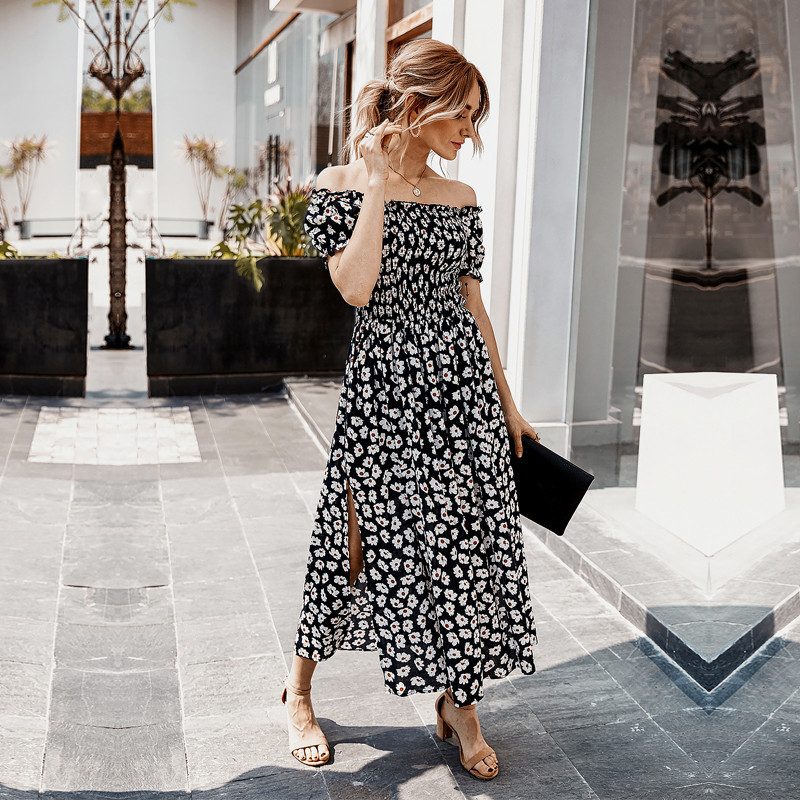 

Summer Women' Off The Shoulder 2021 New Elegant Slash Neck Lady High Waist Floral Print Mid-calf Dress, Burgundy