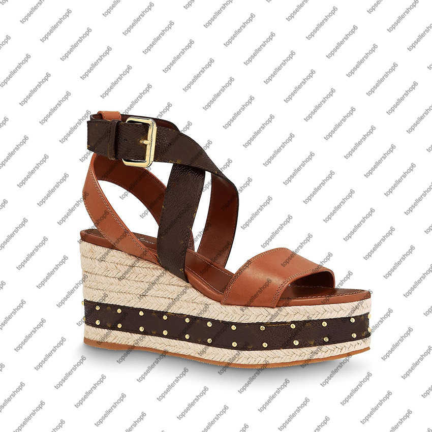 

BOUNDARY WEDGE SANDAL Women studs platform canvas espadrilles 8cm calfskin ankle strap high heel sandal engraved buckle shoes, Brown