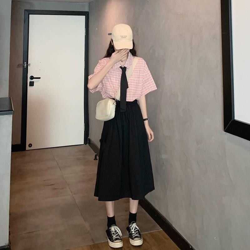 

[with tie] summer Korean simple plaid shirt + high-waisted tooling half-length a-line skirt women's preppy suits 210526