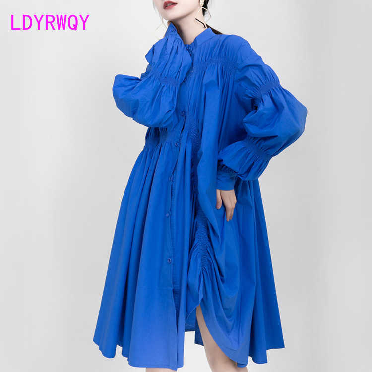 

[LDYRWQY] European and American women's temperament was thin pleated loose long sleeve dress Knee-Length 210603, Blue