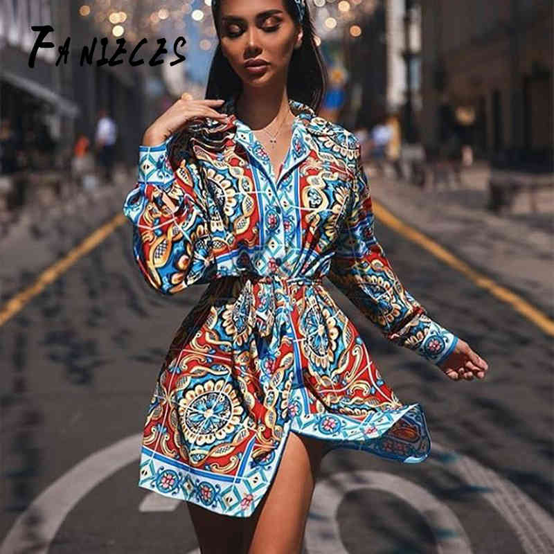 

INS fashion Summer Autumn Women Casual blue Baroque print Shirt Dresses High Waist Vestidos With Belt Mini Dress 210520