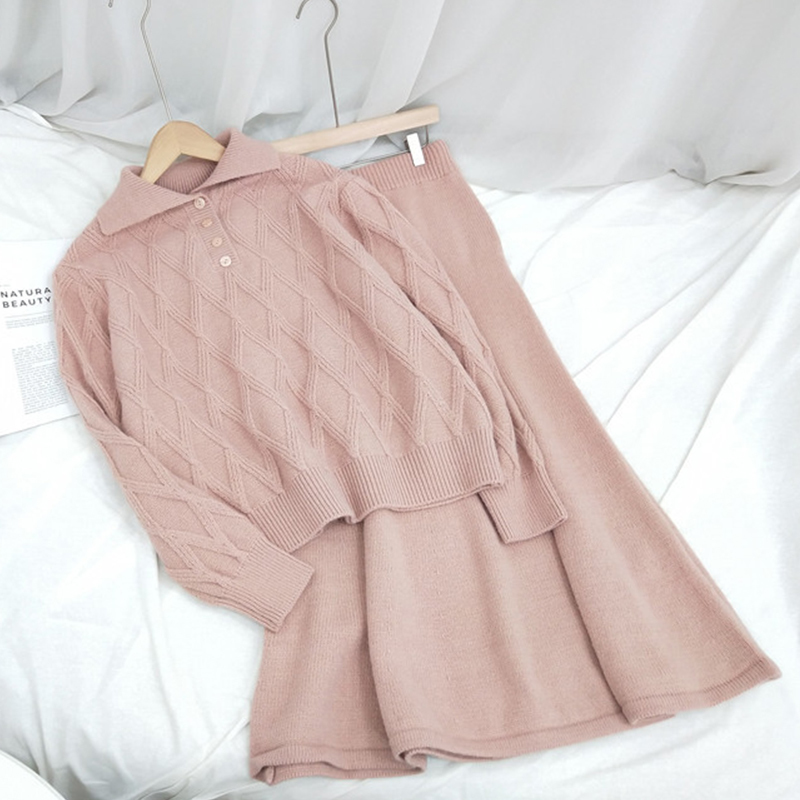 

Paris Girl Korean Casual 2 Pieces Set Women Small Lapel Knit Pullover Top + Elastic Waist Sweater Skirt Female Knitted Suit 210524, Pink