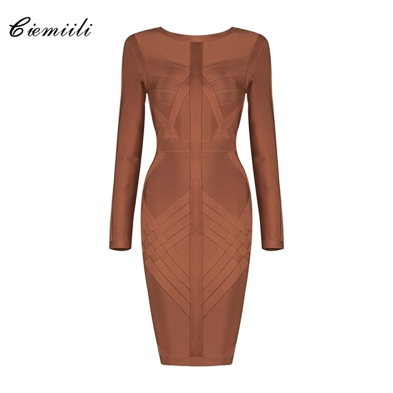 

CIEMIILI Winter New Women Bandage Mini Dress Sexy Full Sleeve O Neck Back Zip Bodycon Celebrity Club Party Dress Vestidos 220310, Brown