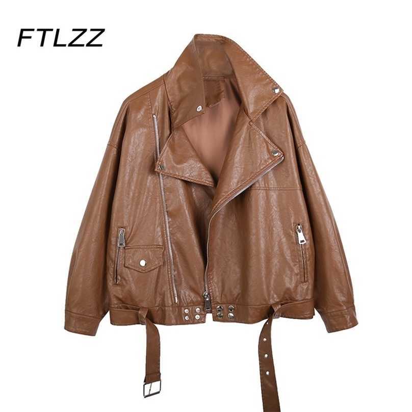 

Women Oversize Faux Leather Jacket Spring Autumn Turn Down Collar Streetwear Loose Coat Woman Biker Moto Outwear 210525, Dark brown