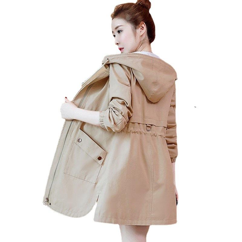 

Women's Trench Coats Women Coat Spring Autumn Hooded Mid Long Outerwear Loose Plus Size 3XL Korean Version Female Windbreaker Casual Tops, Tan;black