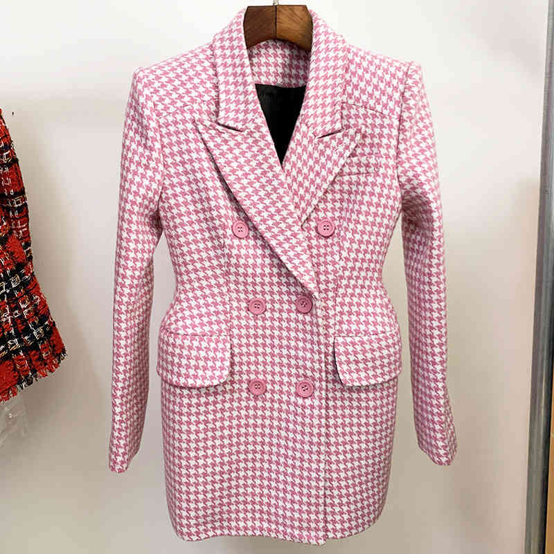 

HIGH STREET est Fall Winter Fashion Designer Overcoat Women's Pink Houndstooth Tweed Wool Coat 210521, Beige