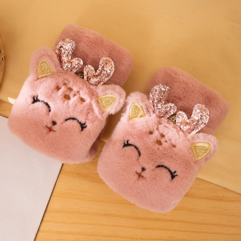 

Five Fingers Gloves Winter Flip For Women Plush Animal Half-finger Cartoon Thick Warm Faux Fur Mittens Cute