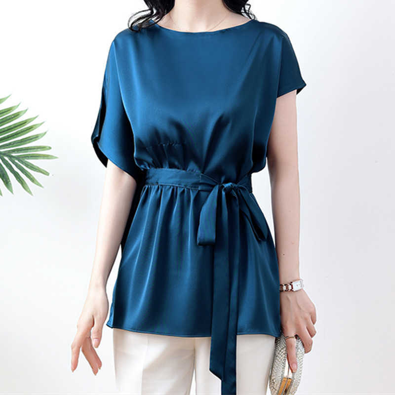 

Korean Summer Women's Shirt Silk Blouse for Women Short Sleeve Strap Female Top Blue O-neck Asymmetric 210604, Dark blue