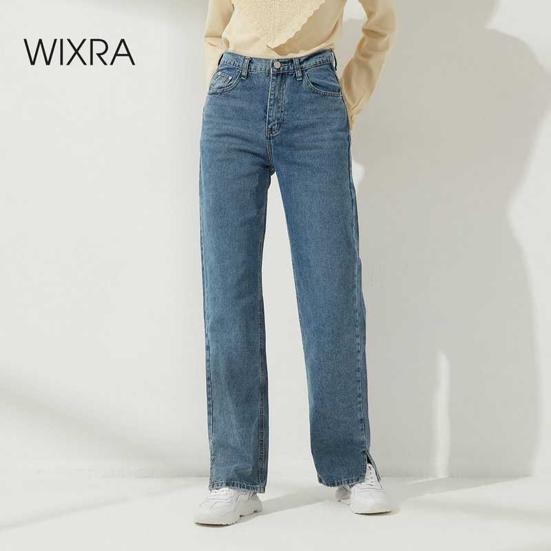 

Wixra Side Opening High Waist Jeans Women Streetwear Straight Jean Femme Blue Black 100% Cotton Cargo Denim Pants 210616, Light blue aw