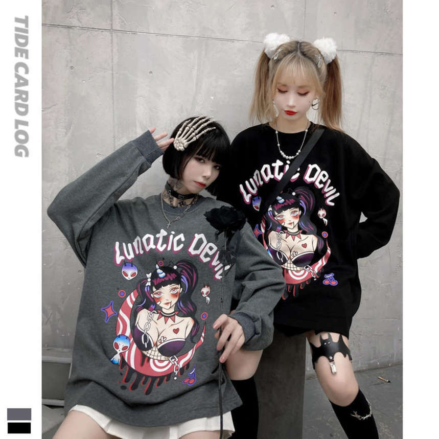 

Autumn and winter new round neck Pullover long sleeve loose sweater cartoon printed student couple jacket, Black