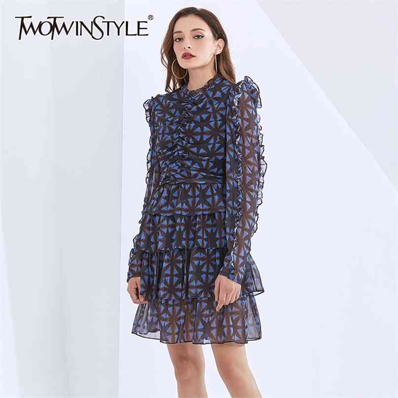 

Elegant Printed Hit Color Dress For Women Stand Collar Long Sleeve High Waist Vintage Dresses Female Fall 210520, Green