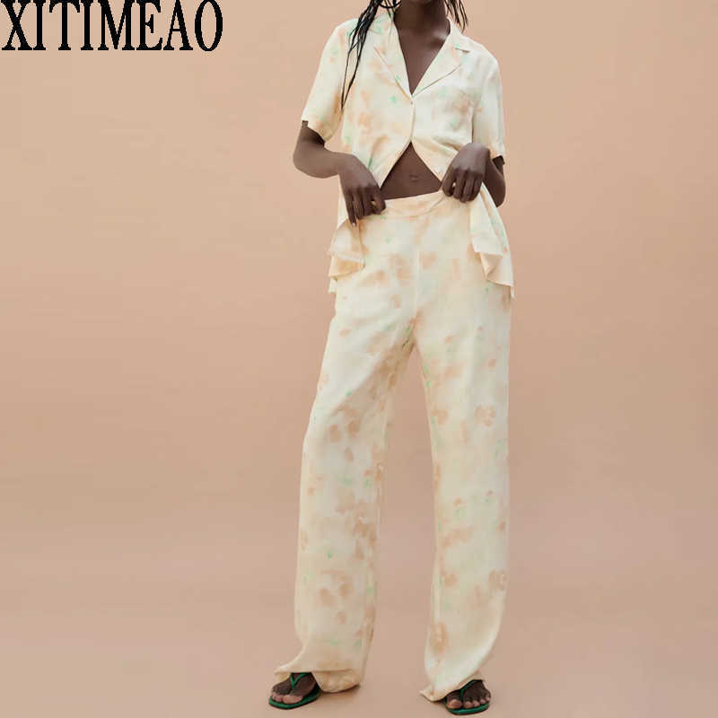 

Za Women Spring Summer Retro Printing Simple Style Short Sleeve Shirt And High Waist Casual Pants Chic Tops XITIMEAO 210602, Trousers