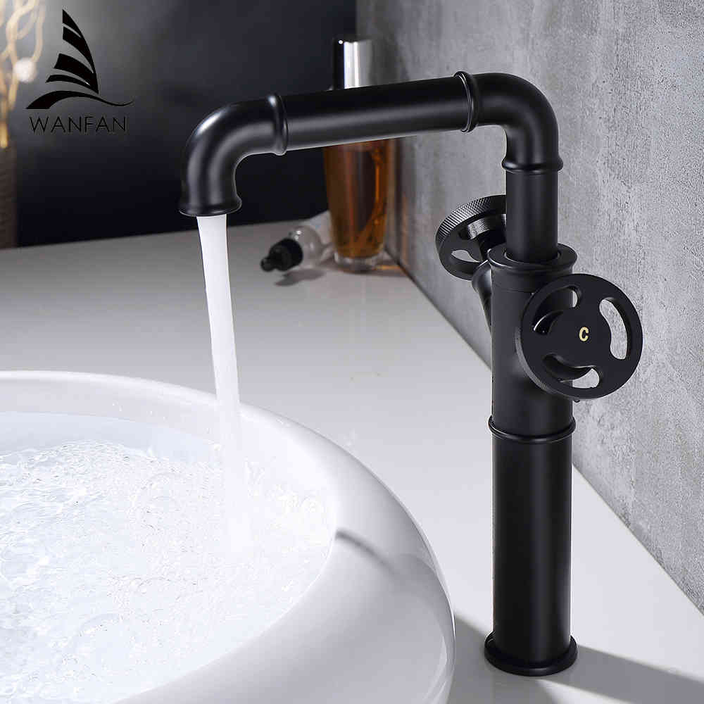 

Kitchen Faucets Basin Retro Industrial Style Matte Black Brass Water Mixer Tap Bathroom Faucet Hot and Cold Dual Handles Wf-20a25r
