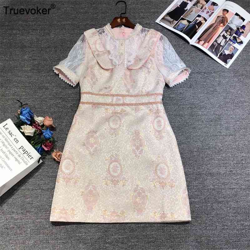

Truevoker Women Vintage Prom Dress Short Sleeve Pink Floral Print Jacquard Lace Patchwork Mini Mujer Festa Vestido 210602, Multi