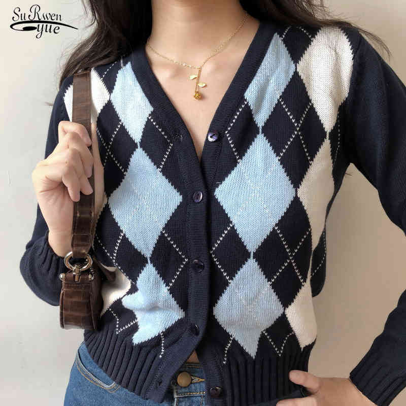 Vintage V-neck Long-Sleeve Knitted Sweater Women Casual Cardigan Women's Sweaters Plaid Short Winter Clothing Pull Femme 11637 210508