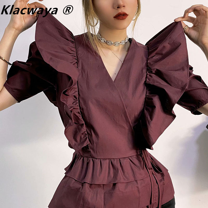 

Shirt Blouse Women Chemise Blusas Mujer Camisas Elegantes Vintage Puff Sleeve Top Blusa Verano Ruffles Frenulum Summer 210521, As shown