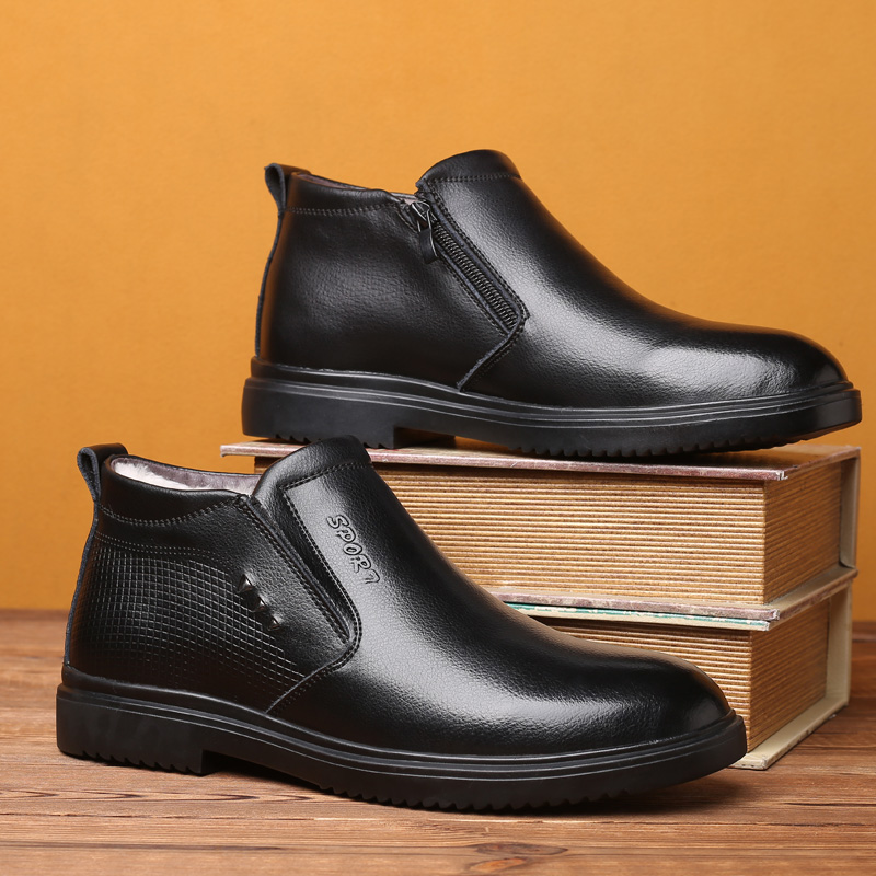 

2022 Men Genuine Leather Winter Wool Warm Snow Men Boots Ankle Boots For Men Business Dress Shoes, Black slip-on