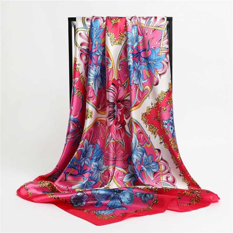 

Scarves 2021 Print Sarf Silk Square Shawl For Women Stole Retro Hijab Neckerchief Ladies Headscarf Female Headband Hair Wrap Bandana