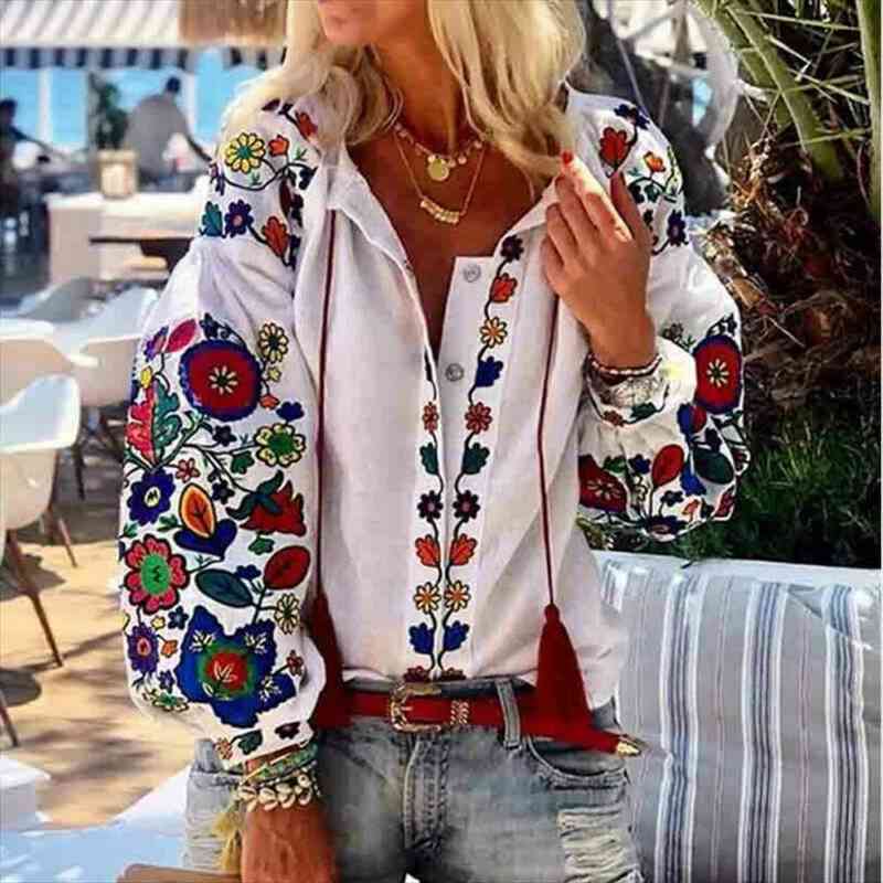 

fashion floral blouse long sleeve shirt flower v-neck casual loose ladies tee plain shirts women clothes, White