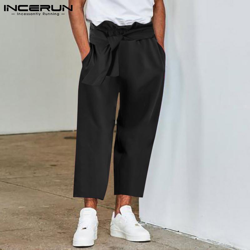 

Men's Pants Men Casual Ruffle Elastic Waist Lace Up Loose Plain Fashion Trousers 2021 Joggers Streetwear Pantalon INCERUN S-5XL, Black