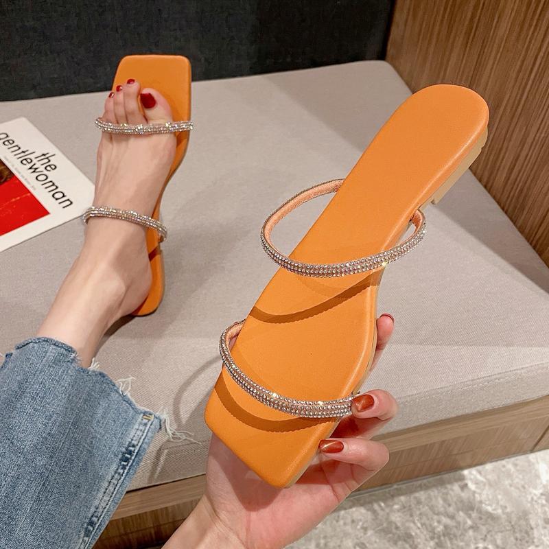 

Flats Slipper Women's Summer Wear Outdoor Slides Fashion Diamond Versatile Korean Flat Bottom Cool Women Sandalias Slippers, Black
