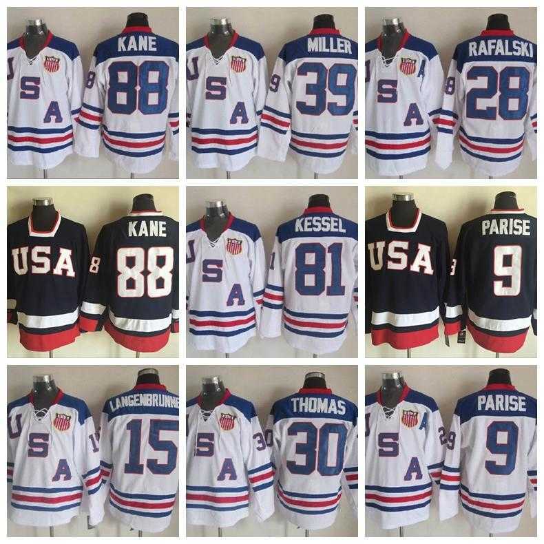 

2010 Team USA Retror 88 Patrick Kane Jersey Vintage Hockey Navy Blue White 28 Brian Rafalski 15 Jamie Langenbrunner Zach Parise Phil Kessel, 9 navy blue