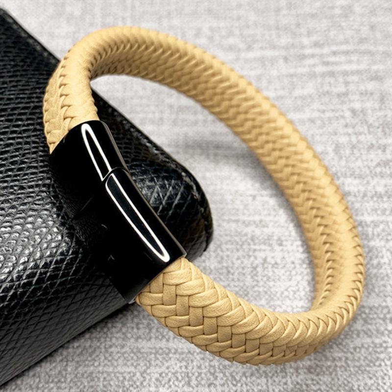 

Charm Bracelets Punk Men Jewelry Yellow Braided Leather Bracelet Stainless Steel Magnetic Clasp Weave Fashion Bangle Male SP005