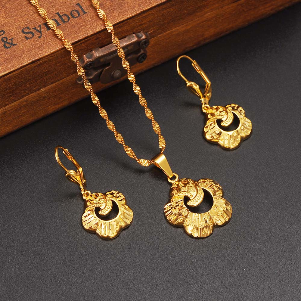 18 k Solid Fine G Gold Fashion Specific character Vogue Necklace Pendant Earrings Jewelry Set Ethiopian Party Gift-image-677411455