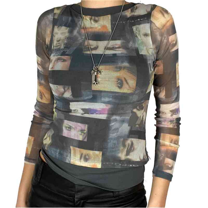 

2021 new women' long sleeve screen printed T-shirt face eye top, Black
