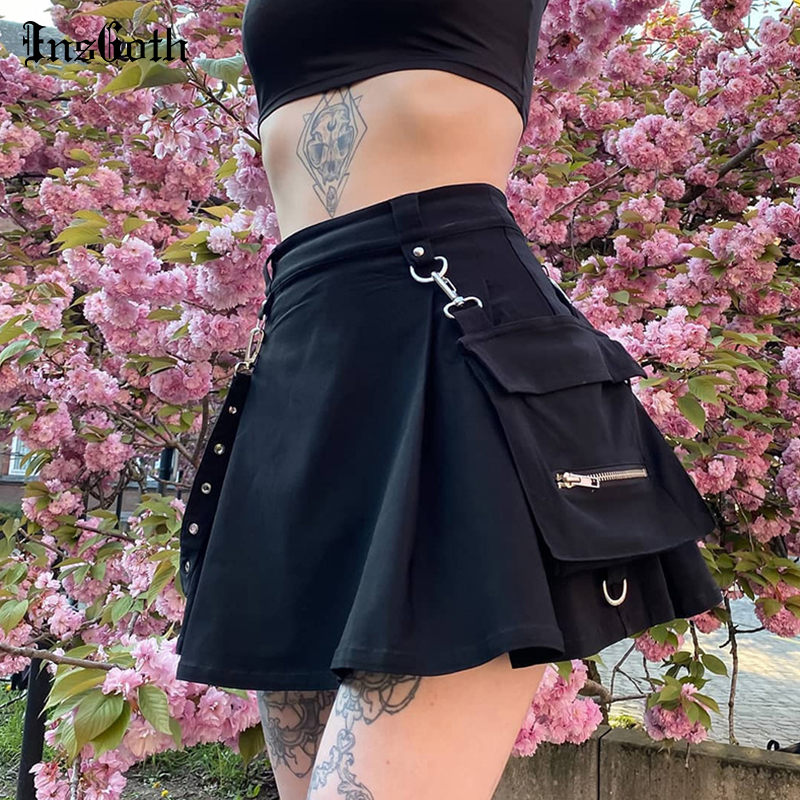 

InsGoth Harajuku Punk Gothic Black High Waist Black Skirts Women Sexy Patchwork Bandage Mini Skirt Female Streetwear Summer Chie