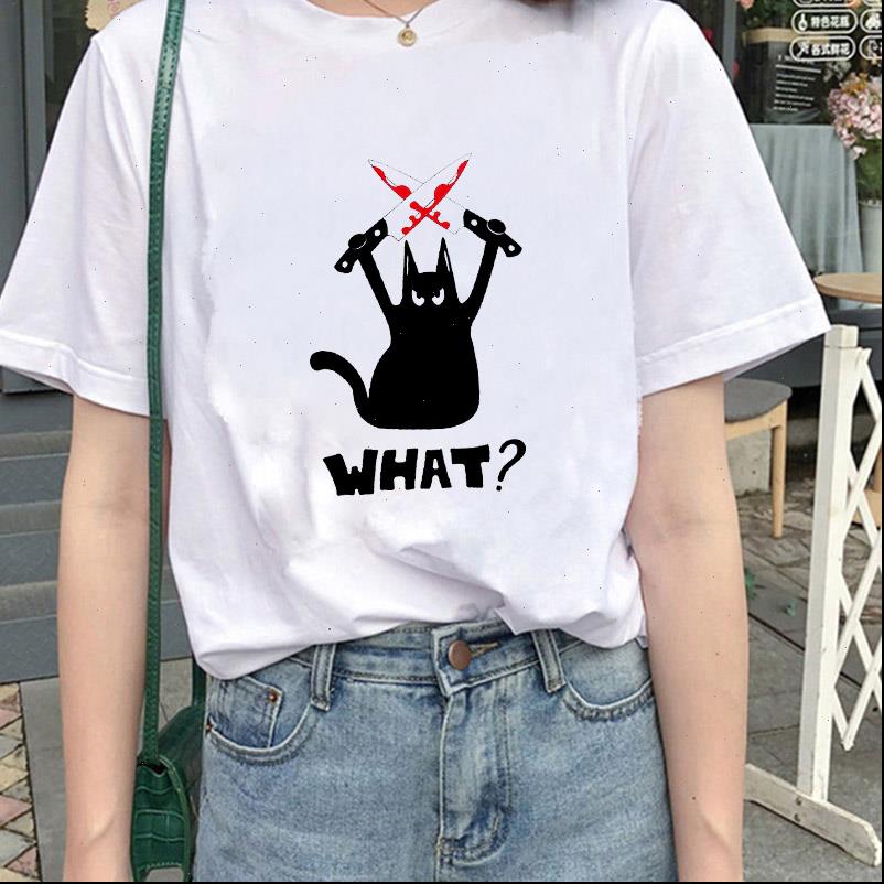 

black cat what murderous womens knife funnycartoon kawaii graphic plus size tee, White